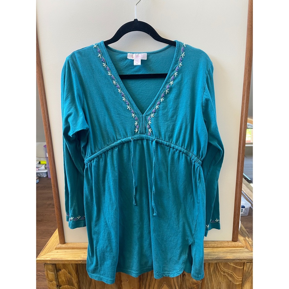 Blue Sky Teal Blue Embroidered V-Neck Empire Waist Tunic Top Womens XL